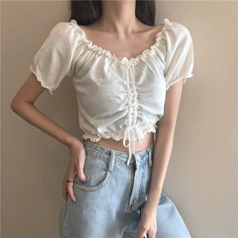 Drawstring design T-shirt women's summer 2021 new style puff sleeve white short cropped knitted short-sleeved top