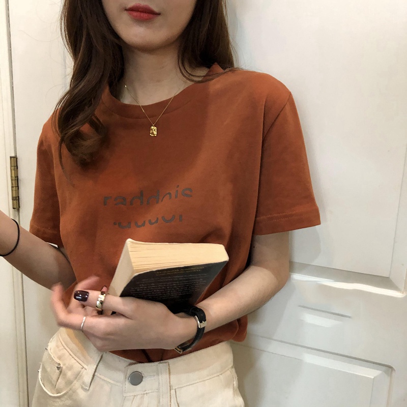Áo thun cotton tay ngắn dáng rộng in chữ phong cách phương Tây thời trang mùa hè cho nữ
