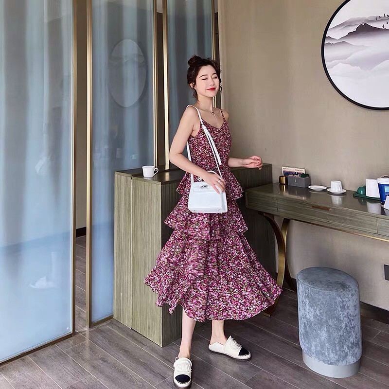 Váy hai dây hoa nhí màu tím retro xòe 4 tầng điệu  đà vintage mùa hè Hàn Quốc thoáng mát