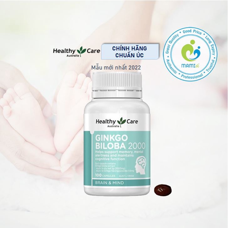 Viên bổ não (100v) tăng tuần hoàn máu não, trí nhớ cho bé từ 12 tuổi và người già Healthy Care Ginkgo Biloba 2000mg, Úc