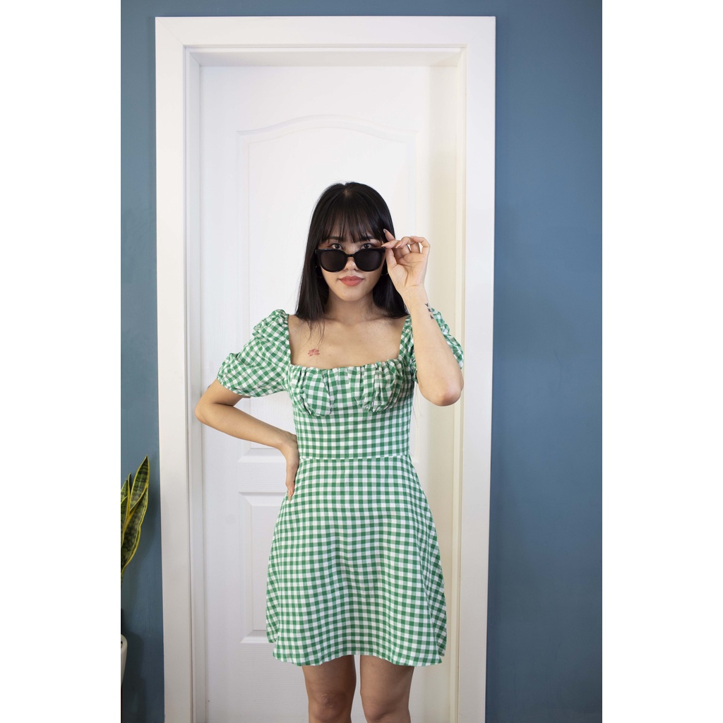 Váy Đầm Kẻ Sọc Caro Tay Phồng Cổ Bèo Dáng Chữ A - Váy Thanh Lịch Nhẹ Nhàng Hàn Quốc