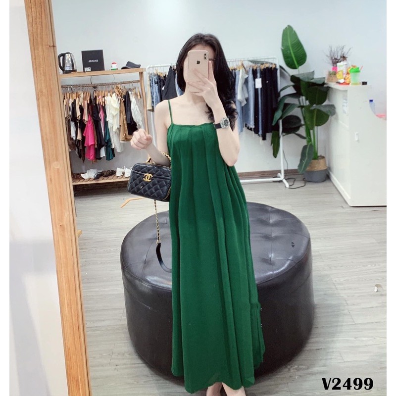 set váy maxi 2s xếp ly xanh lá đậm