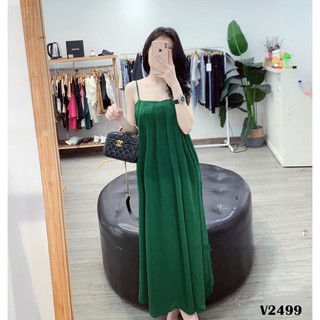 set váy maxi 2s xếp ly xanh lá đậm