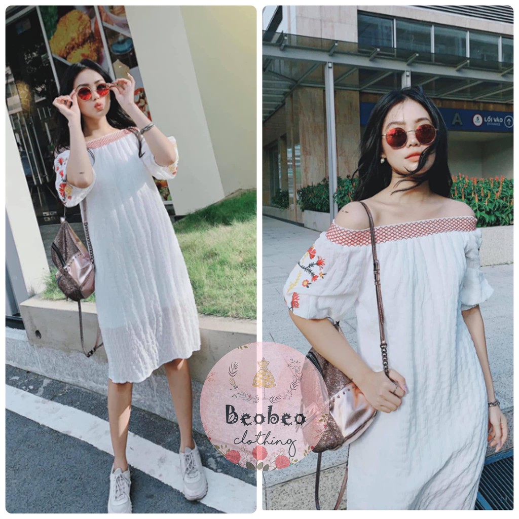 Đầm suông trễ vai hoa thêu tay phồng vintage