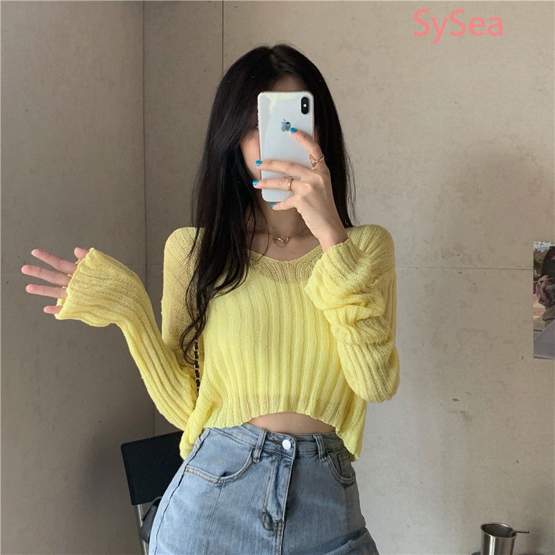 Áo Croptop Tay Dài Cổ Chữ V Dáng Rộng Phong Cách Hàn Quốc Cho Bạn Nữ