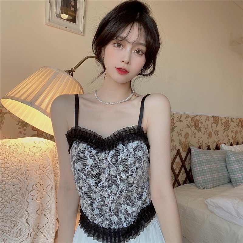 Áo Bra Nữ Ren Hoa Tiểu Thư Đính Hạt Viền Bèo, Chun Sau Dáng Croptop Siêu Xinh Kèm Mút Ngực Ms B3