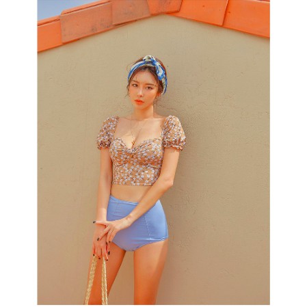 Bikini áo cổ vuông hoa nhí quần cạp cao Quảng Châu