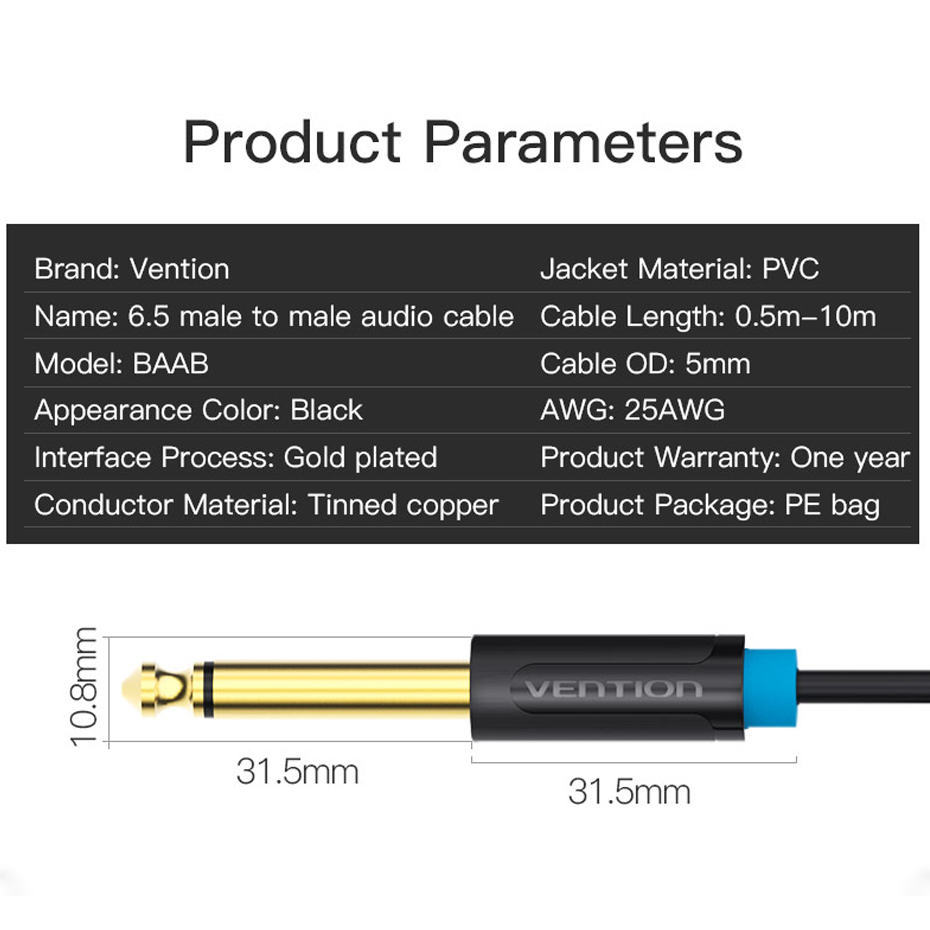 Vention Aux Guitar Cable 6.5 Jack 6.5mm to 6.5mm Audio Cable 6.35mm Aux Cable for Stereo Guitar Mixer Amplifier Speaker cable 2m