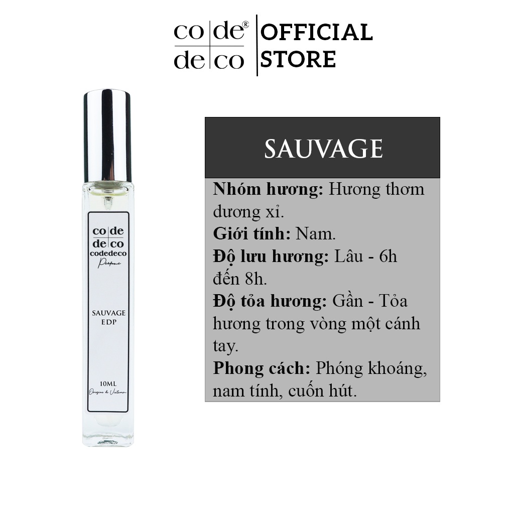 Tinh Dầu Nước Hoa Dạng Xịt Code Deco Sauvage 10ml, Phóng Khoáng, Nam Tính