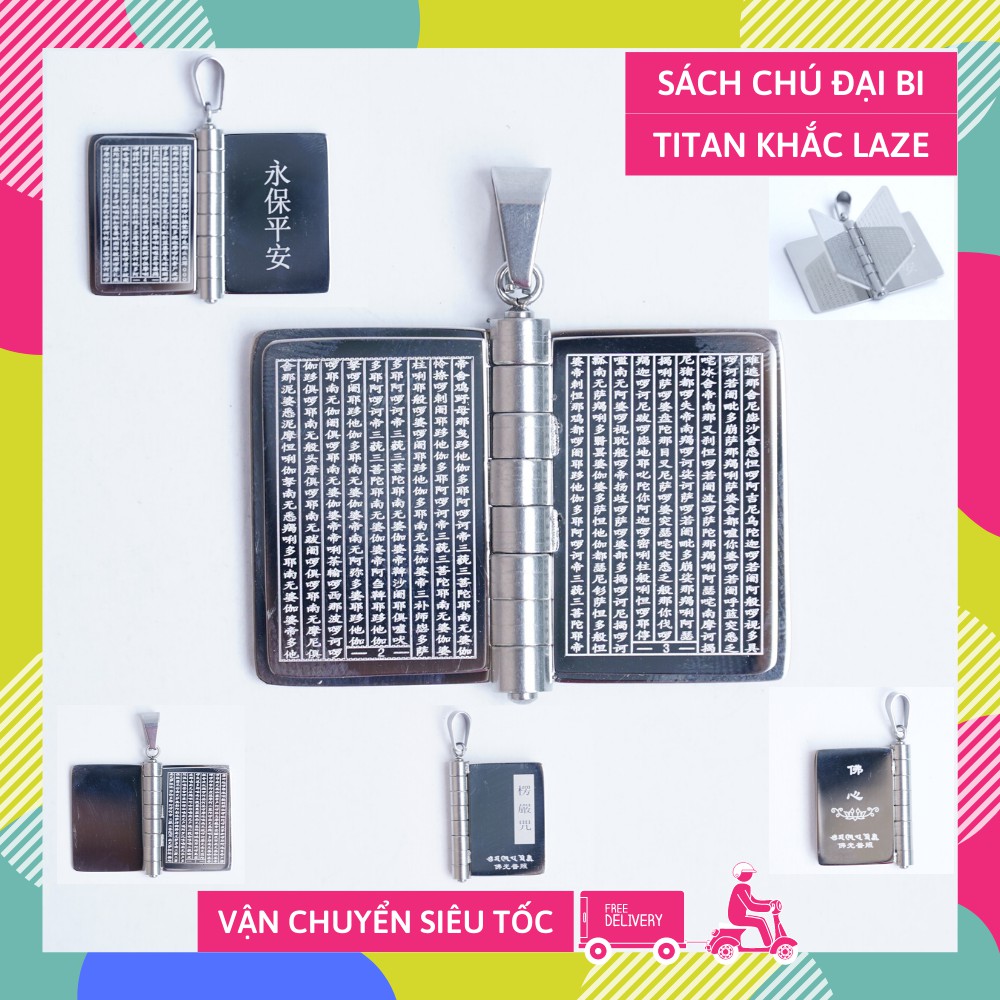 Cuốn sổ Chú Đại Bi khắc laze bằng titan làm mặt dây chuyền, móc khóa mang theo bên mình