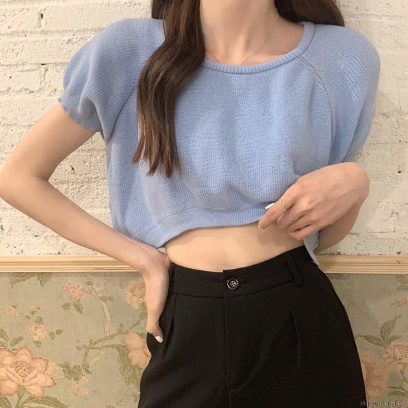 Áo Croptop Dệt Kim Tay Ngắn Màu Sắc Đơn Giản Phong Cách Hàn Quốc