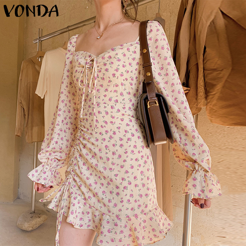 Đầm Vonda Tay Dài Hoạ Tiết Hoa Thiết Kế Dây Rút Phong Cách Hàn Quốc | BigBuy360 - bigbuy360.vn