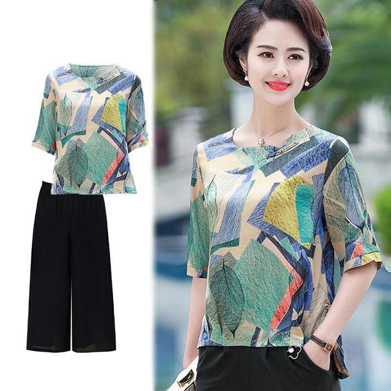 Bộ quần áo chất lượng cao thun nửa tay kiểu tây size lớn hai dây phụ nữ trung niên và giàN