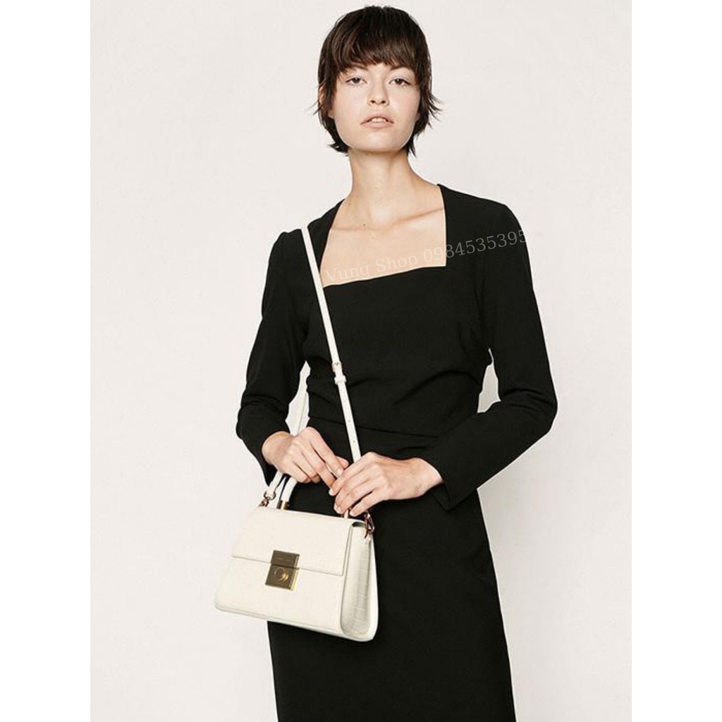 Túi Xách Nữ Đeo Chéo Cao Cấp CNK Khóa Vuông Quai Tròn Vân Đen Size 21, Ảnh Chụp Thật, VụngShop