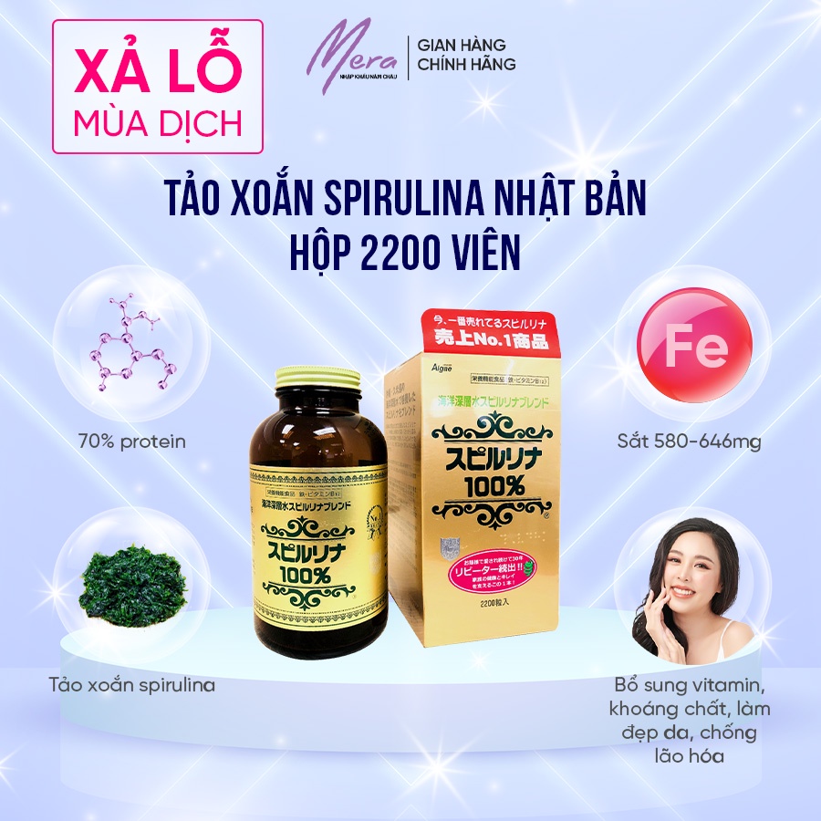 Tảo Xoắn Spirulina Nhật Bản Uống và đắp mặt Hộp 2200 Viên