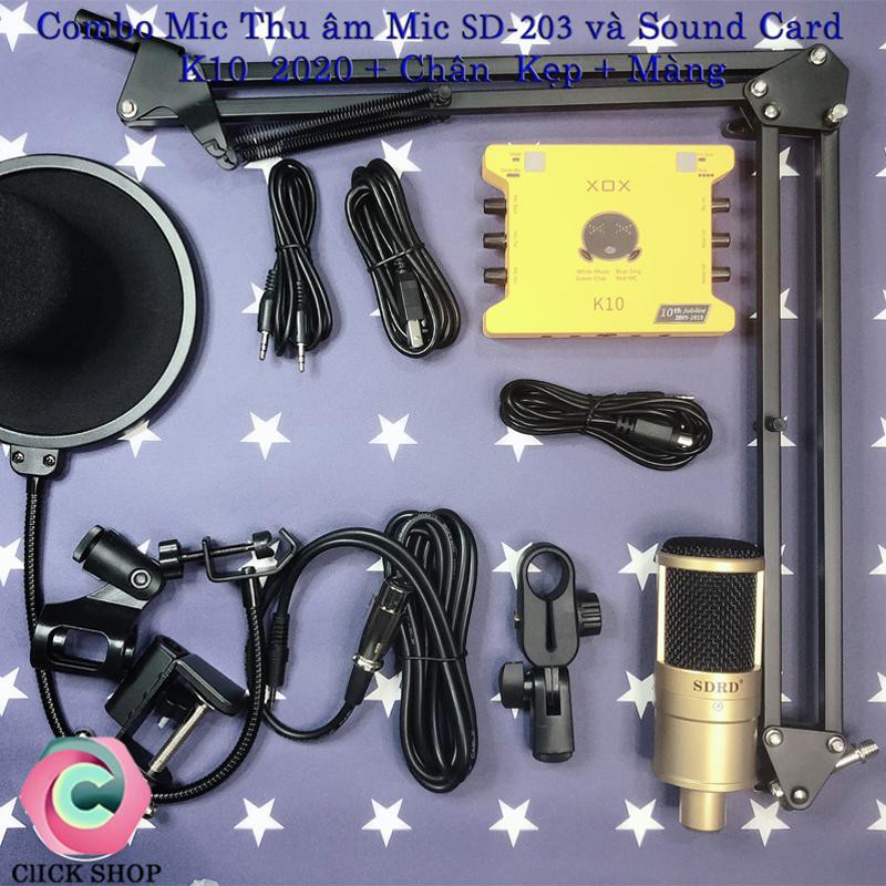 Mic thu âm SDRD SD-203 sound card 10 2020 chân đế màng lọc- Bộ mic livestream là trọn bộ