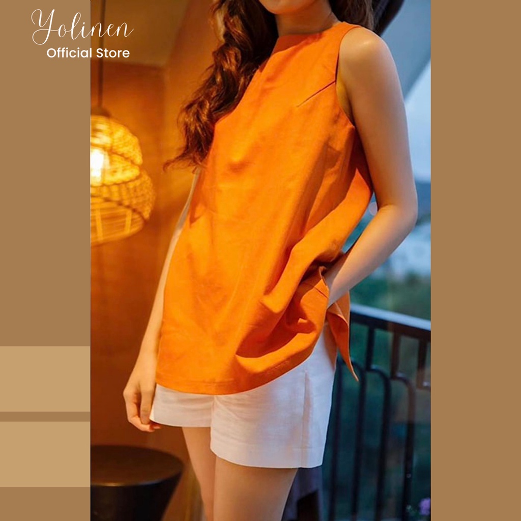 Bộ nữ mặc nhà sát nách form rộng trẻ trung YOLINEN vải linen thoáng mát nút bọc quyến rũ
