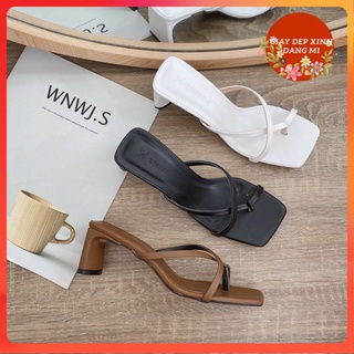 (XẢ KHO) Dép guốc cao gót 5p xỏ ngón dây chéo gót dẹt mẫu mới 3 màu Giày dép xinh Mys Dangmi CG-0020