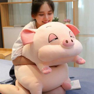 Gấu ôm heo mắt híp - gấu bông con heo mắt hí buồn ngủ màu hồng và xám 1m1