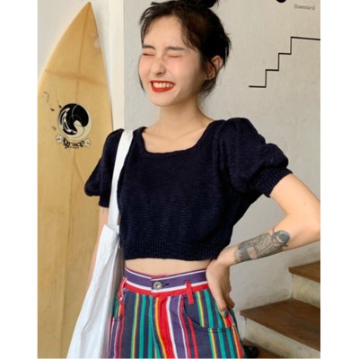 NRVP Áo Croptop Dệt Kim Tay Ngắn Cổ Vuông Phong Cách Hàn Quốc Thời Trang 2020 Cho Nữ