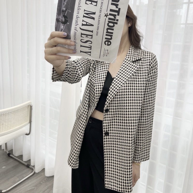 Áo khoác blazer nữ 1 lớp dáng dài họa tiết chất vải mát, có độn vai hàng thiết kế Huien Design độc đáo, áo vest nữ