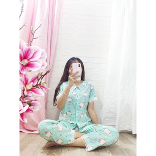 Bộ lụa hàn cổ sen viền ren có túi quần