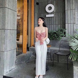 Set áo caro 2 dây + quần trắng