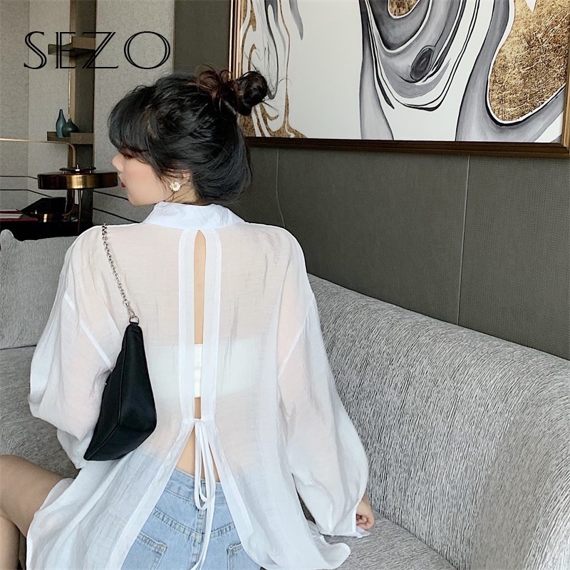 Áo sơ mi trắng oversize voan mỏng tay dài hở xẻ lưng dây cột trơn - Order taobao quảng châu