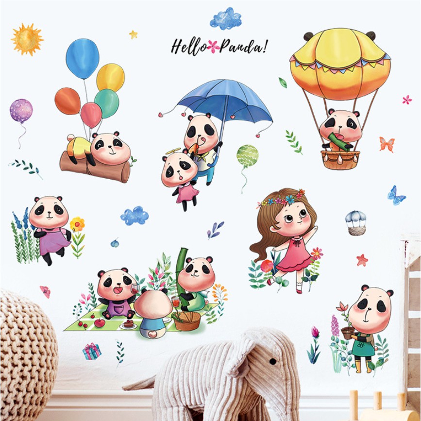 Decal dán tường Panda cùng bé gái đáng yêu