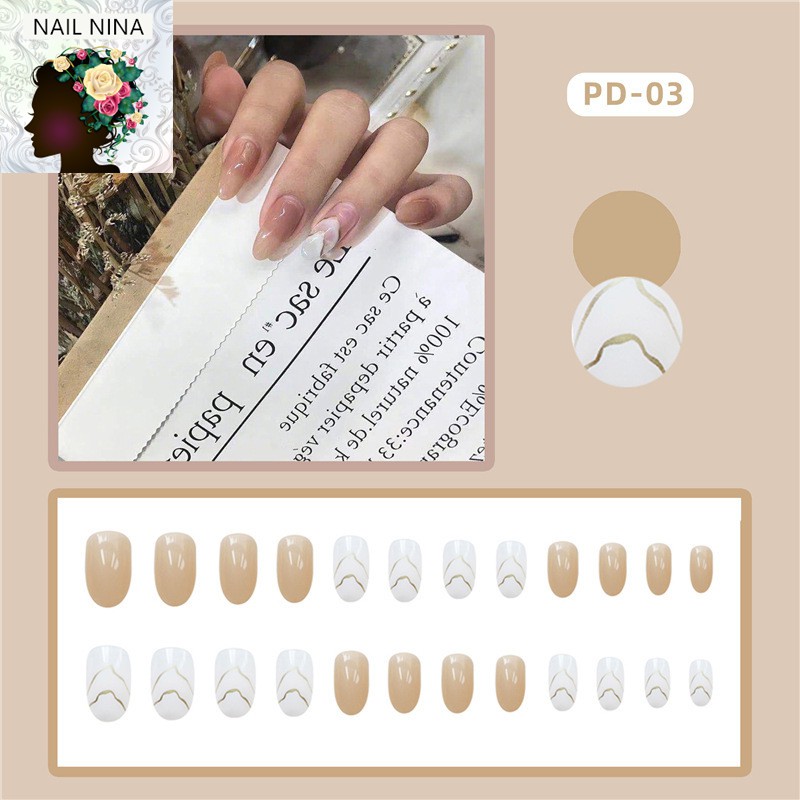 Bộ 24 móng tay giả Nail Nina trang trí hoạ tiết trà sữa mã PD-03【Tặng kèm dụng cụ lắp】