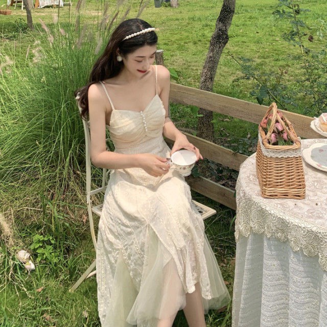 Đầm nữ tiểu thư hai dây dáng dài vintage phong cách retro pháp