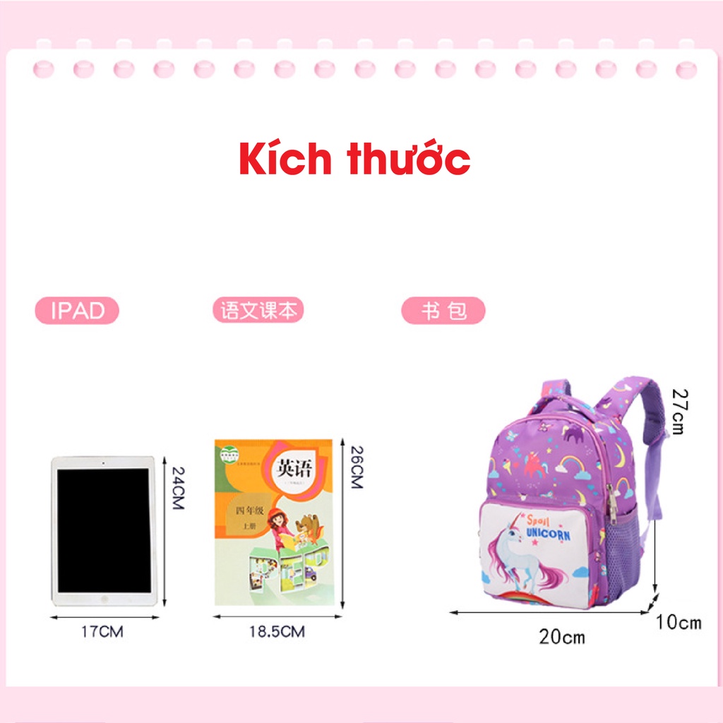 Balo Cho Bé Gái Đi Học Siêu Nhẹ Chống Thấm Nước Họa Tiết Đáng Yêu Kích Thước 27cm* 10cm*20cm