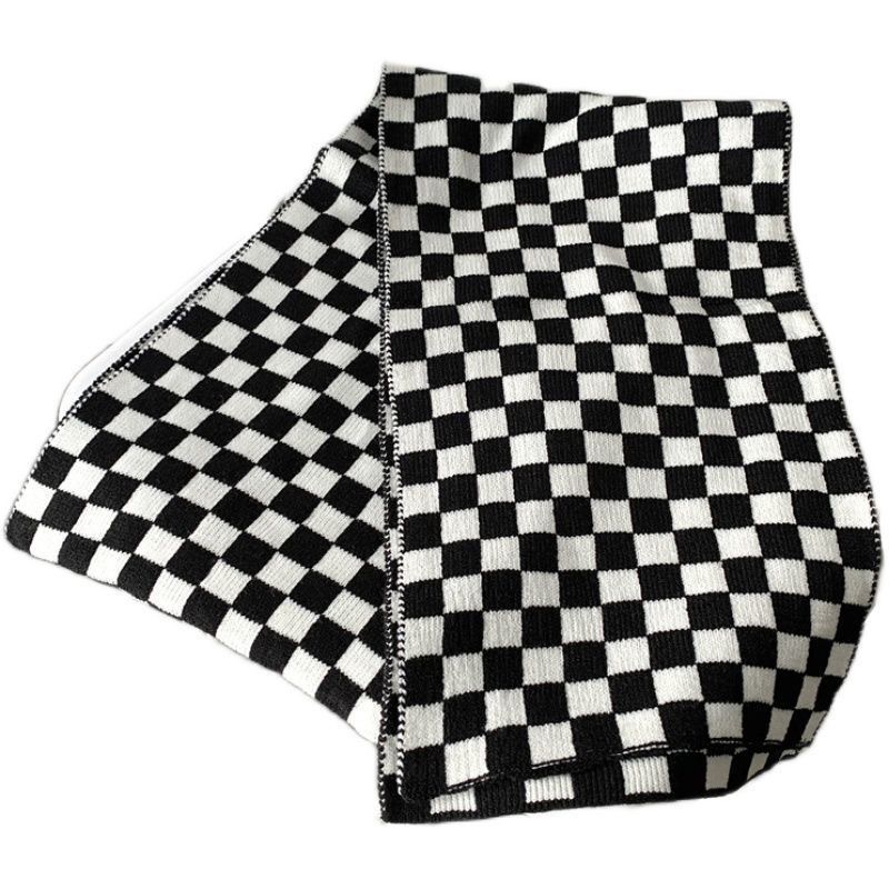 Khăn choàng cổ đan len họa tiết sọc ca rô trắng đen phong cách Âu Mỹ thời trang thu đông cho nữ