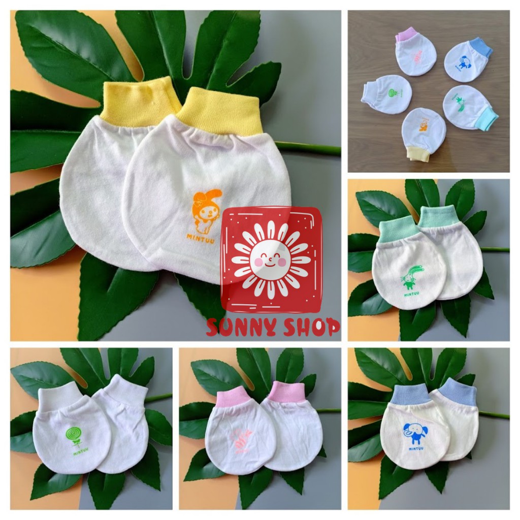 Set 2 đôi BAO TAY cổ bo MÀU TRẮNG Mintuu cho bé sơ sinh