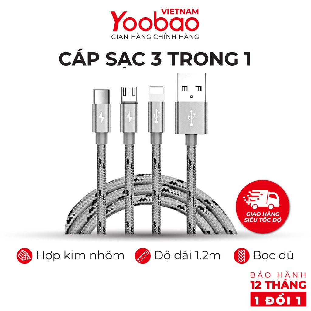 Dây cáp sạc 3 trong 1 (Micro USB/Lingtning/Type C) Yoobao YB-453 vỏ bện nylon Dài 1.2m - Hàng chính hãng - Bảo hành 12 t