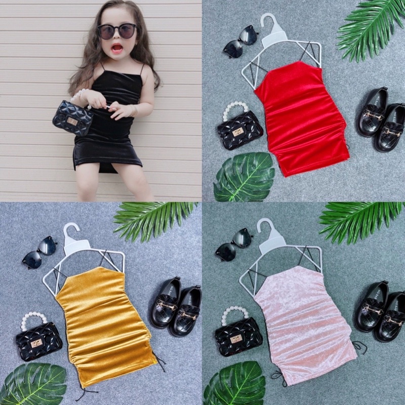 Đầm Body Nhung Dây Rút Hở Lưng Dây Chéo Cho Bé Gái Sành Điệu