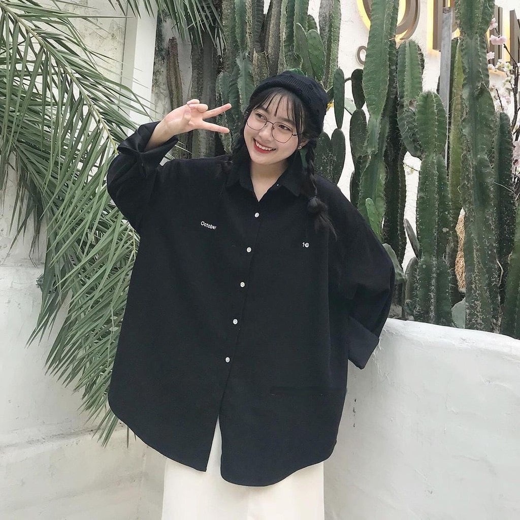 Áo sơ mi tay dài trơn trắng basic unisex vải nhung có size yoyo - Gin Store