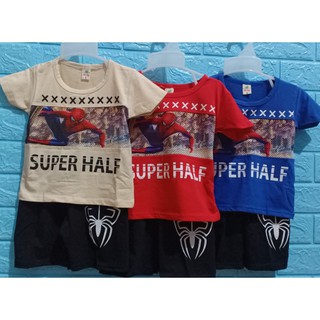 Bộ cotton cộc tay baby in người nhện xanh đỏ be