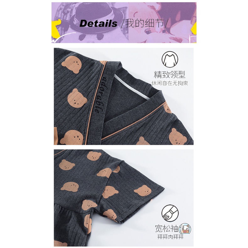 Bộ Đồ Ngủ Tay Ngắn Chất cotton Phong Cách kimono Nhật Bản Dễ Thương Thời Trang Cho Nữ