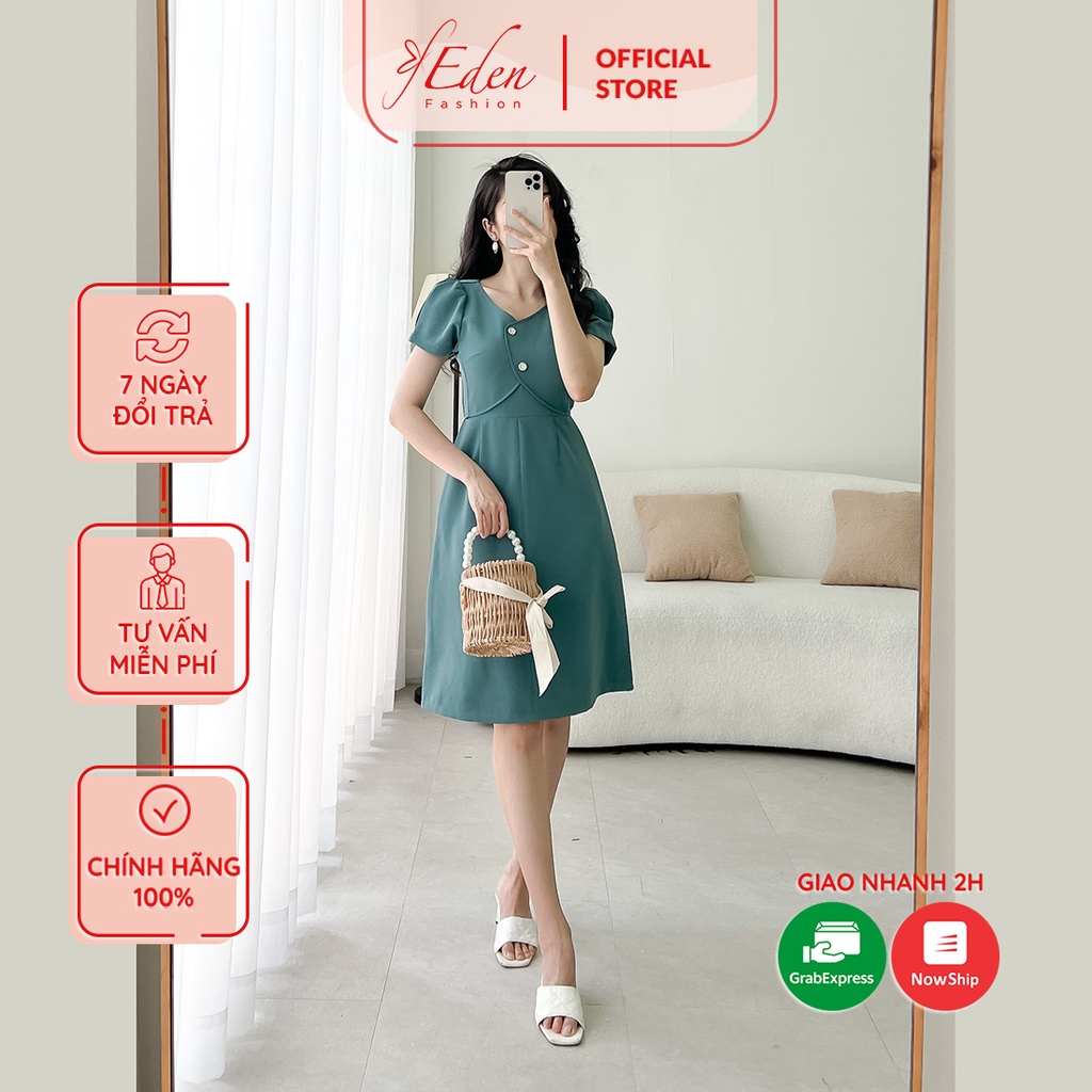 Đầm công sở nữ dáng chữ a thiết kế thời trang Eden tay ngắn cổ tim phối nút dây kéo sau lưng - D462