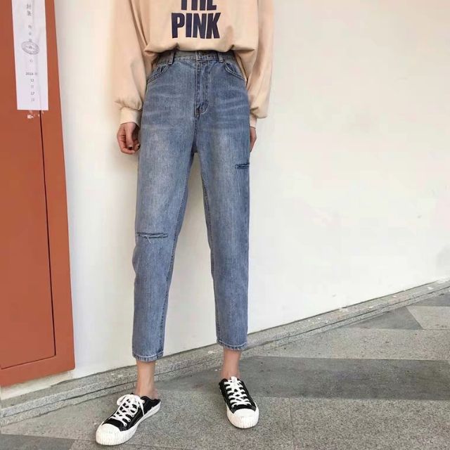 Quần slim baggy jeans rách gối hai nút sườn bên ver.3 form ulzzang kèm ảnh thật hàng sẵn