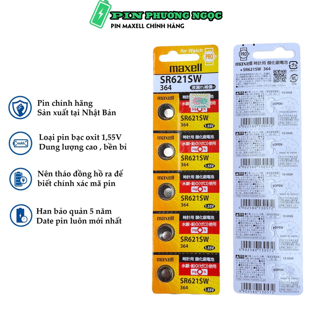 Pin Đồng Hồ đeo tay, Pin Maxell SR621SW / 364 / SR621SW (Vỉ 5 viên) Hàng Chính Hãng