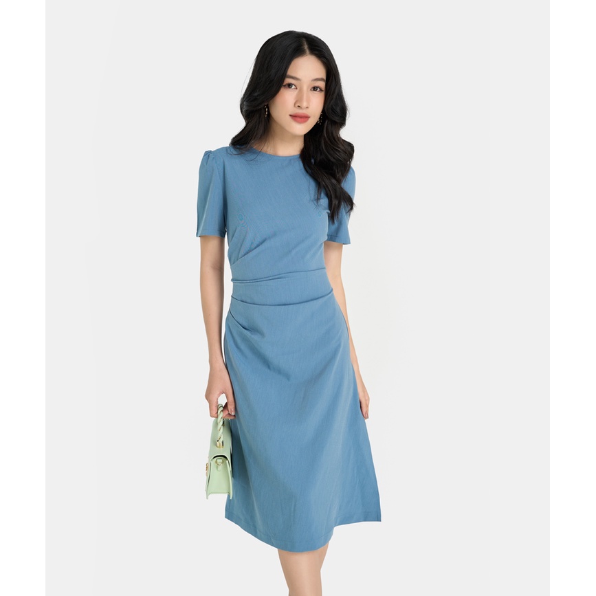 Đầm Lửng Nữ Thời Trang HNOSS Xếp Eo Tay Ngắn HNDLU058