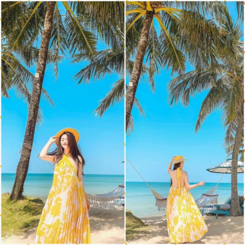 Đầm maxi họa tiết cổ yếm vàng-hình thật