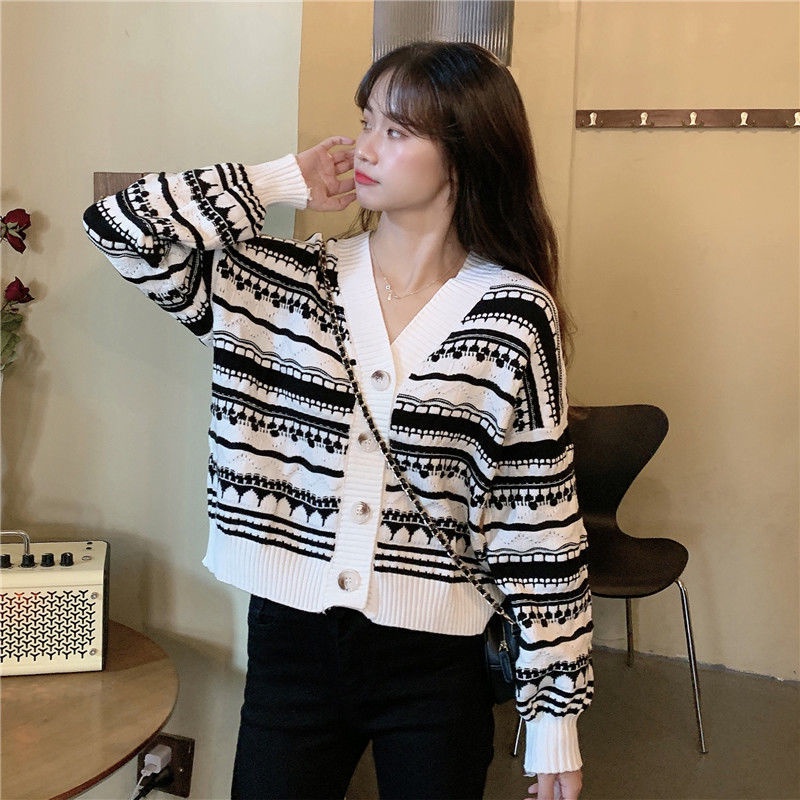 Áo Khoác Cardigan Dệt Kim Dáng Rộng Họa Tiết Kẻ Sọc Thời Trang Thu Đông Phong Cách Hàn Quốc