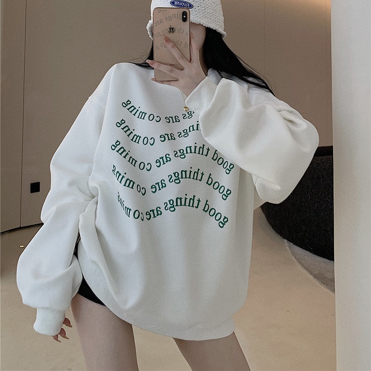 Porozi  Áo sweater nữ cổ tròn dáng rộng in chữ đơn giản thời trang Hàn Quốc