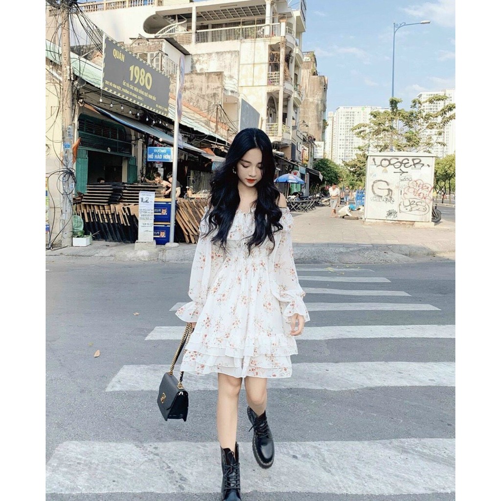 _Đầm Voan hoa nhí bẹt vai bo nhún mang được 2 kiểu xinh xắn tiểu thư PHS1005