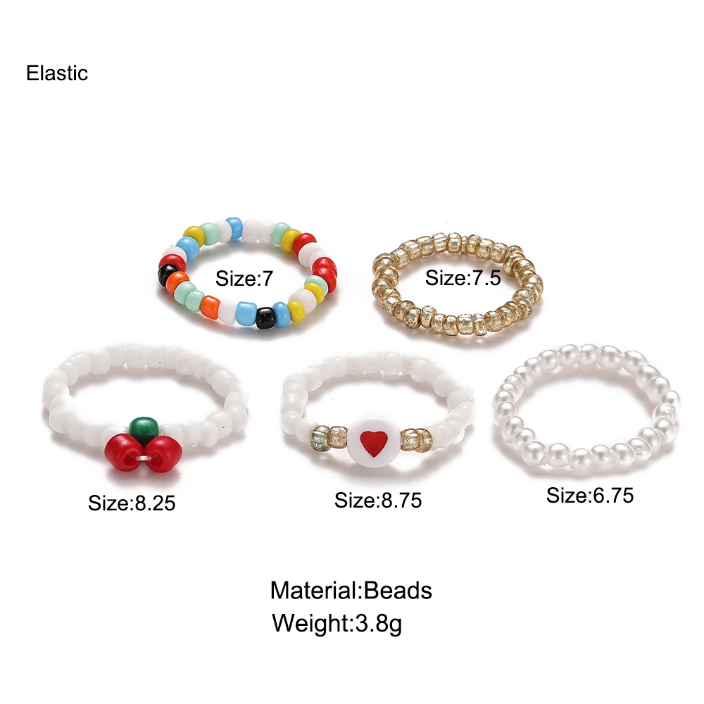 Set 5 nhẫn chuỗi hạt co giãn hình trái tim nhiều màu sắc phong cách Bohemian thời trang cho nữ