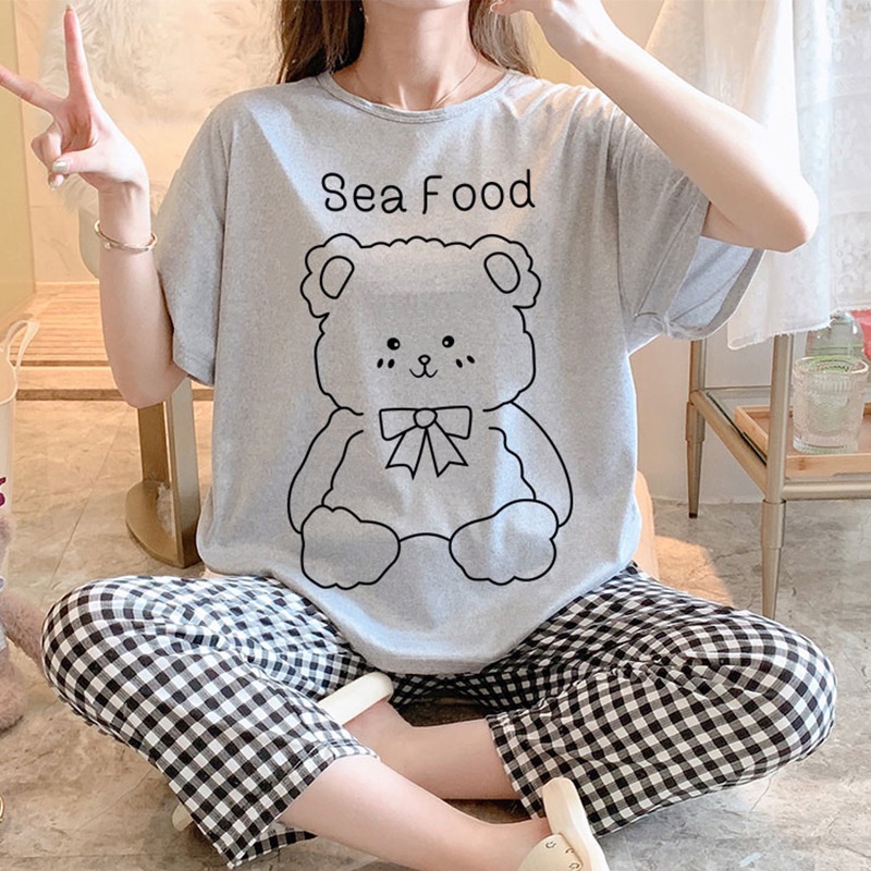 Bộ ngủ nữ ngắn tay hình gấu quần kẻ caro siểu kute, bộ quần short đùi áo form rộng tay lỡ