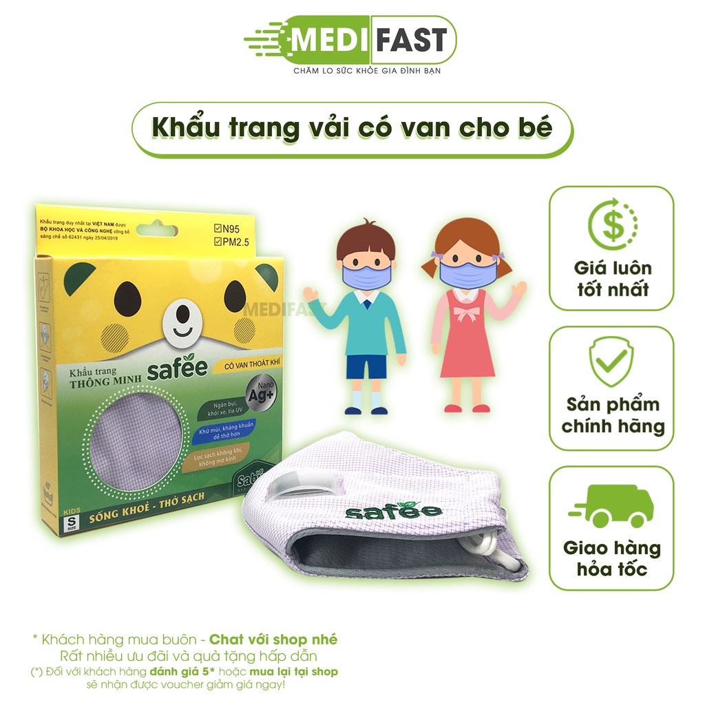 Khẩu trang vải kháng khuẩn Safee cao cấp - Chống bụi mịn - Chứa Nano bạc - Có van thoát khí